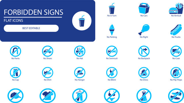 Prohibition symbols icon set. Silhouette vector collection of no entry, no parking, no food, no clothing signs for restrictions and rules design.