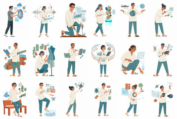 Fototapeta premium Diverse collection of professionals and individuals using augmented reality smart glasses for work, education, and lifestyle tasks in a flat illustration style.