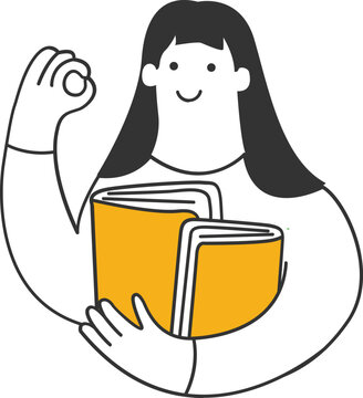 Happy woman holding books and showing an okay gesture isolated on transparent background