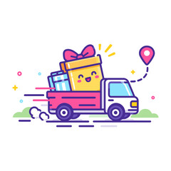 Fototapeta premium Gift Delivery Truck Carrying Large Present with Festive Celebration Design