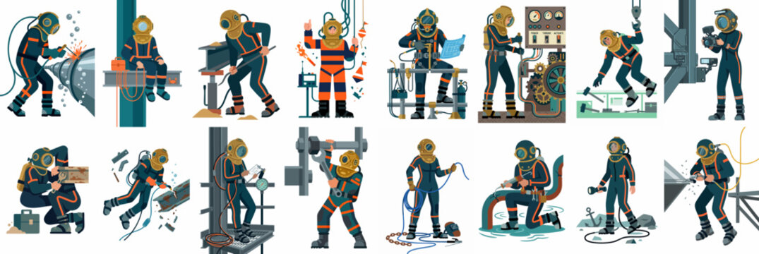 A collection of pixel art illustrations featuring deep-sea divers in vintage suits performing various underwater industrial and maintenance tasks on a white background.
