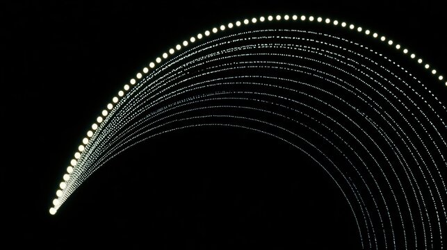 parabolic. Sleek glowing white parabolic trajectory of dots on black background. product launch decks, UI/UX mockups, designed for product launches and innovation pitches, highlights innovation.