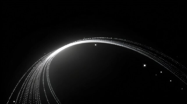 parabolic. Sleek glowing white parabolic trajectory of dots on black background. product launch decks, UI/UX mockups, designed for product launches and innovation pitches, highlights innovation.