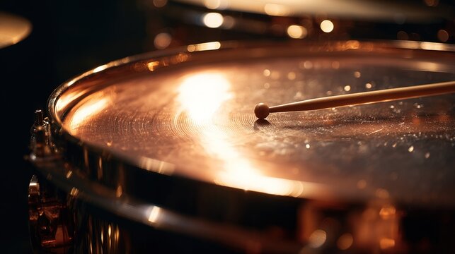 timpani. Close-up of a timpani drumhead with a drumstick poised just above its center. event programs, museum guides, designed for cultural heritage projects and event programs, preserves heritage.