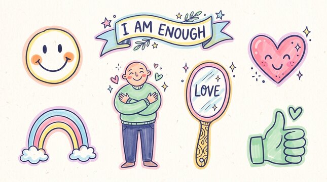Self-love and positive affirmation sticker set, a collection of hand-drawn illustrations promoting self-care and mental well-being, perfect for social media and digital design.