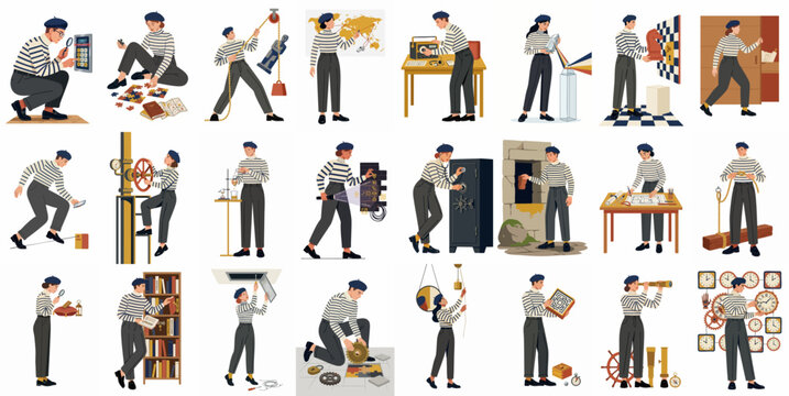Collection of diverse cartoon character illustrations featuring a thief-like persona in various poses, performing heists and everyday activities on a white background.