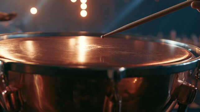 timpani. Close-up of a timpani drumhead with a drumstick poised just above its center. event programs, museum guides, designed for cultural heritage projects and event programs, preserves heritage.