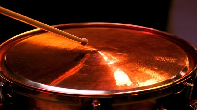 timpani. Close-up of a timpani drumhead with a drumstick poised just above its center. event programs, museum guides, designed for cultural heritage projects and event programs, preserves heritage.