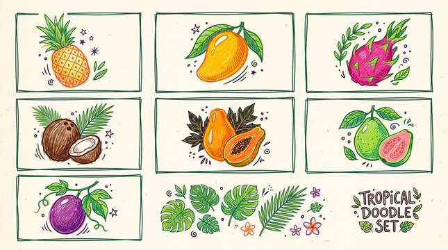 Vibrant tropical doodle set, hand-drawn exotic fruits and lush green leaves, a colorful collection of summer design elements, perfect for playful illustrations and vibrant branding.