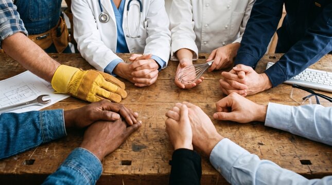 Diverse group of professionals joining hands together around a wooden table in a circle.