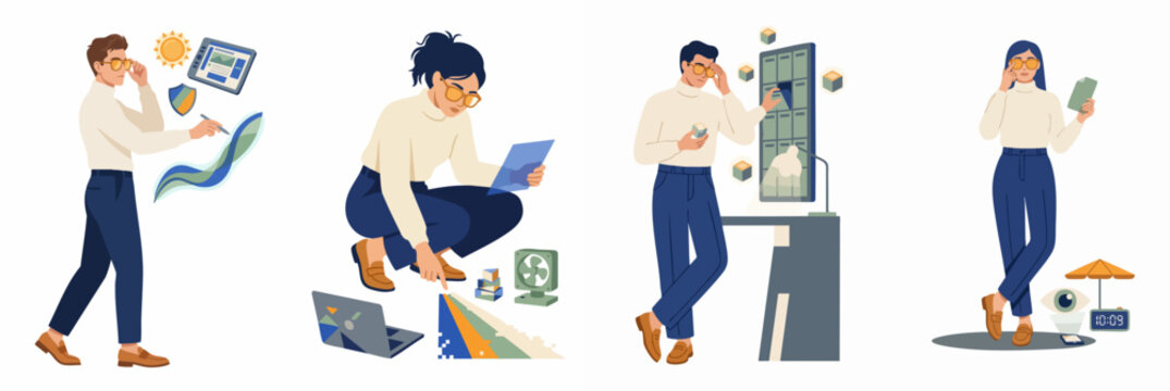 Set of flat vector illustrations showing young professionals interacting with digital technology for work, travel planning, and lifestyle management on a white background.