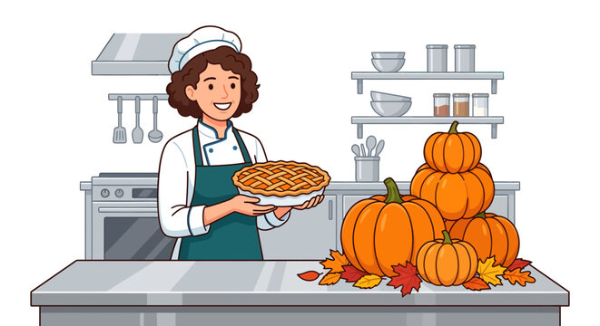 Female baker in kitchen holding a freshly baked pumpkin pie next to autumn harvest pumpkins and leaves. Thanksgiving and Halloween holiday vector art.