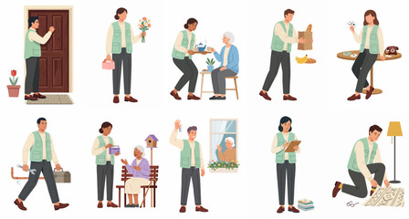 Fototapeta premium Set of flat vector illustrations depicting volunteers and social workers assisting elderly people with various household chores and companionship.