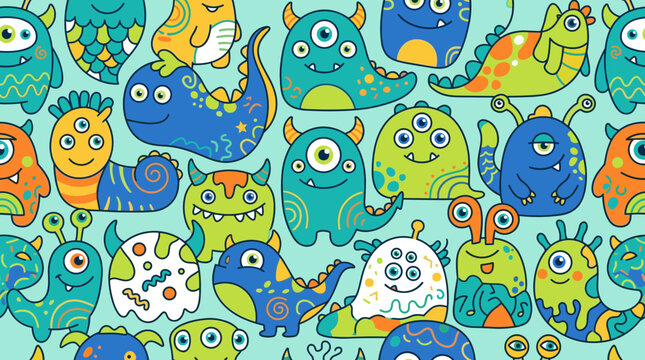Seamless vector pattern featuring colorful cartoon monsters, cute extraterrestrial creatures, and diverse doodle characters in blue, green, and orange on a light teal background.
