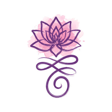 Purple lotus flower sketch with unalome symbol and pink watercolor splash