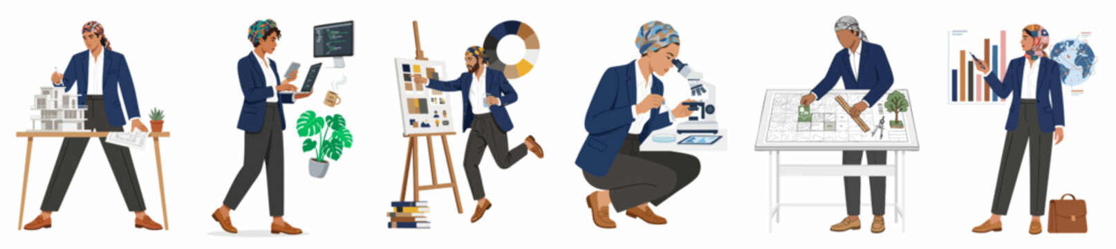 Set of illustrations depicting a professional woman in various careers including scientist, architect, artist, developer, and business analyst on white background.