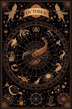 October zodiac astrology chart design featuring a scorpion and mystical celestial symbols astrology scorpion celestial mystical horoscope astronomy universe illustration background wallpaper