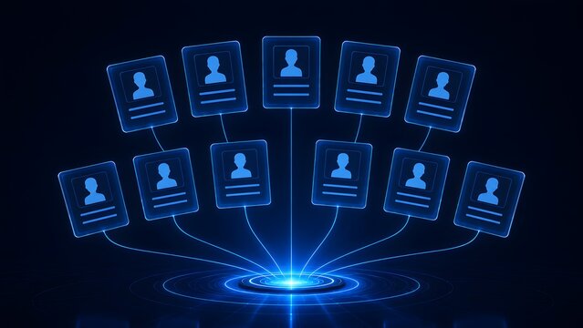 Network of connected digital user profile cards over a glowing blue platform representing human resources database and social media connections.