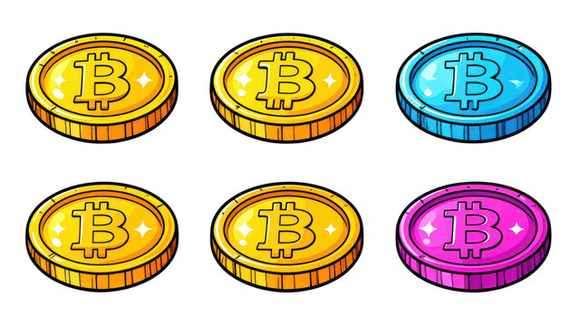 A collection of colorful digital currency coins featuring the Bitcoin symbol. isolated on white background.