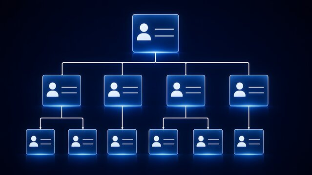 Glowing digital organizational chart with user profile cards showing corporate hierarchy, team structure, and business management.