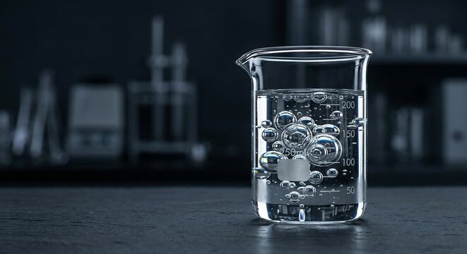 Glass beaker filled with clear bubbling liquid on a dark laboratory table