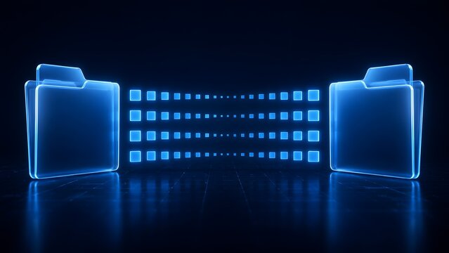 Glowing digital folders exchanging data blocks, representing secure file transfer, network communication, and cloud migration technology.