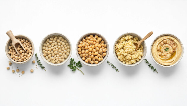 Bowls filled with chickpeas, mashed chickpeas, and hummus garnished with herbs and olive oil arranged in a row on a white background surface