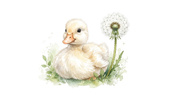 Watercolor duckling illustration, cute baby duck with dandelion flower, soft pastel farm animal art for nursery decor isolated PNG with Transparent Background