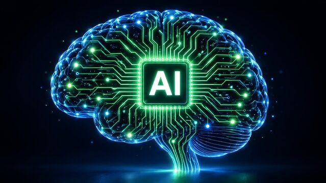 Glowing digital brain with an artificial intelligence microchip representing advanced neural networks, deep machine learning, and cognitive computing.