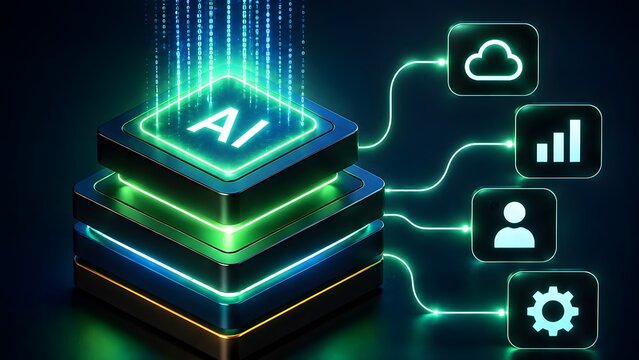 Glowing artificial intelligence processor receiving digital binary data streams connected to cloud computing and smart analytics icons.