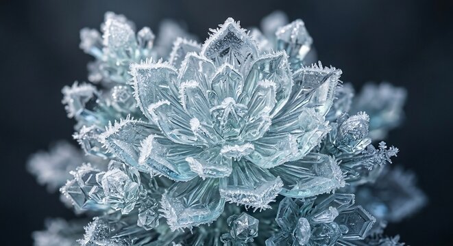 Macro shot of glowing ice crystal flower structure with frozen details