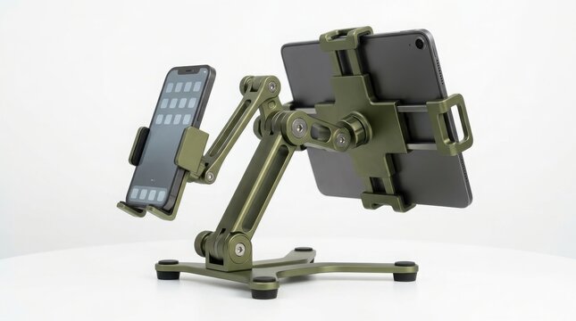 Adjustable multi device stand holding a mobile phone and a tablet computer for desk work setup