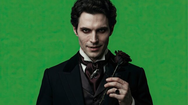 Handsome Vampire Man in Victorian Gothic Costume Holding a Black Rose on Green Background for Halloween