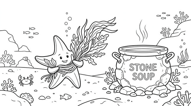 Cute starfish character cooking stone soup in an underwater scene for kids coloring page.
