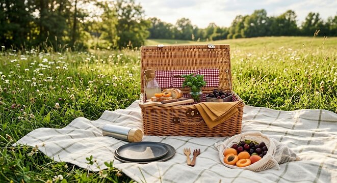 Open picnic basket filled with food and drinks on blanket in green field