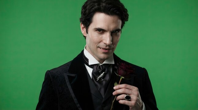 Portrait of a Mysterious Male Vampire in Elegant Gothic Suit Holding a Red Rose on Green Screen