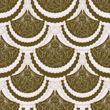 A restrained olive botanical repeat featuring layered scalloped medallions, symmetrical flowers, and fine cream outlines. The muted natural palette suits heritage, cottage, and contemporary craft aest