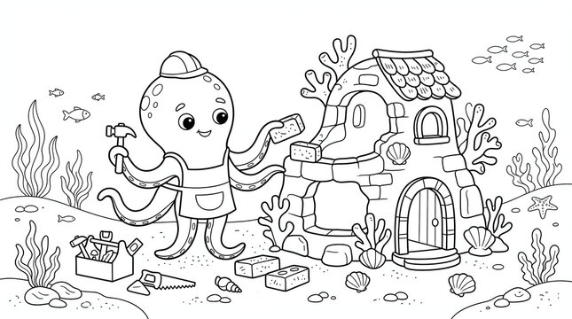Cute octopus builder coloring page for kids with underwater house construction scene