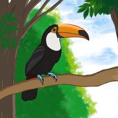 Naklejka premium Toco toucan bird perched on a tree branch cartoon illustration