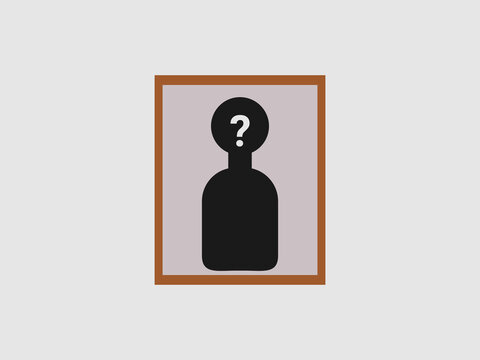 A framed photo showing a black silhouette of an anonymous person with a question mark on the head