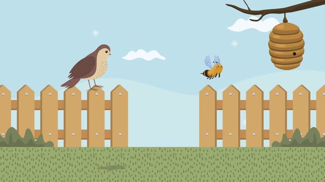 Cute cartoon bird sitting on wooden fence in garden with buzzing bees and beehive animation.