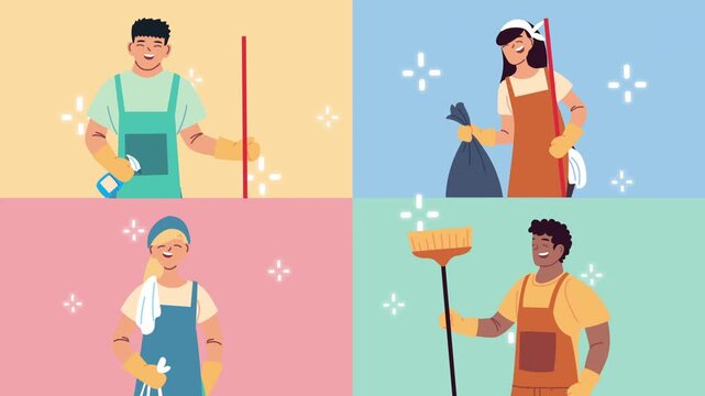 Diverse group of smiling people performing cleaning tasks with brooms and spray bottles.