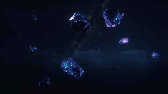 Cinematic Glowing Asteroid Field in Deep Space Sci-Fi Background