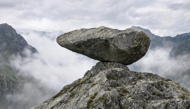 A large, flat, grey rock balanced precariously on of a smaller jagged mountain peak, surrounded by thick white clouds and misty mountains