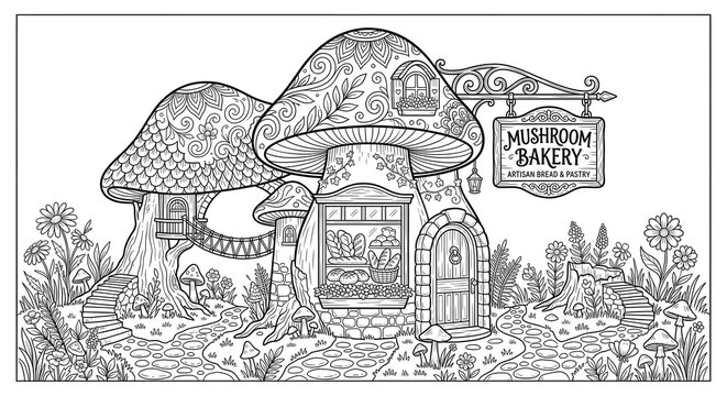 Prompt: Black and white coloring book illustration of a cozy mushroom bakery shop in the forest, hanging sign, display window with bread, bold black outlines, clean edges, isolated on white void backg