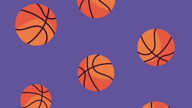 Basketball balls falling animation over purple background for sports concept and gaming transition.