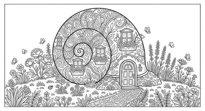 Prompt: Pure white background line art, a cute fantasy snail shell house with window boxes, flower garden, detailed decorative swirls on the shell, crisp dark black outlines, simple coloring page styl