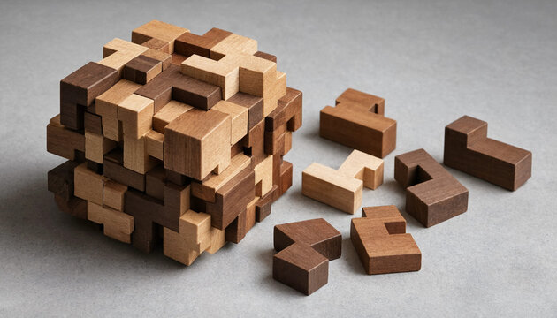 A complex 3d wooden puzzle cube made of interlocking light and dark brown blocks, with several loose pieces scattered on a grey surface nearby
