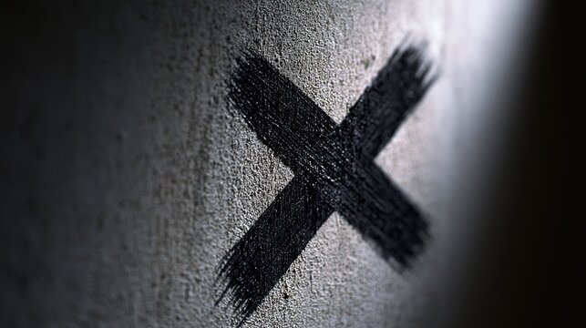 pantheism. A pristine emblem crossed out with a harsh black X on a textured wall. event programs, museum guides, designed for cultural heritage projects and event programs, preserves heritage.