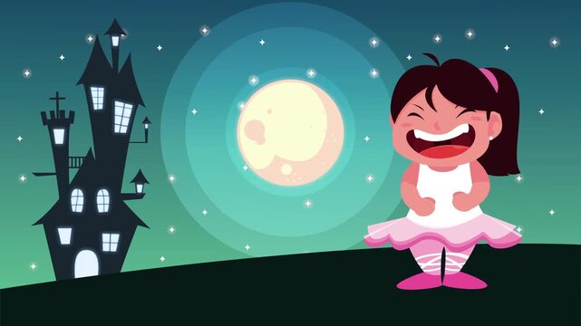Halloween animation featuring little girl in ballerina costume standing near haunted castle under full moon at night.